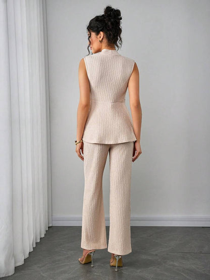 Maternity 2-Piece Set - V Neck Top & Straight Leg Pants, Knit Jacquard, Slim Fit, Black