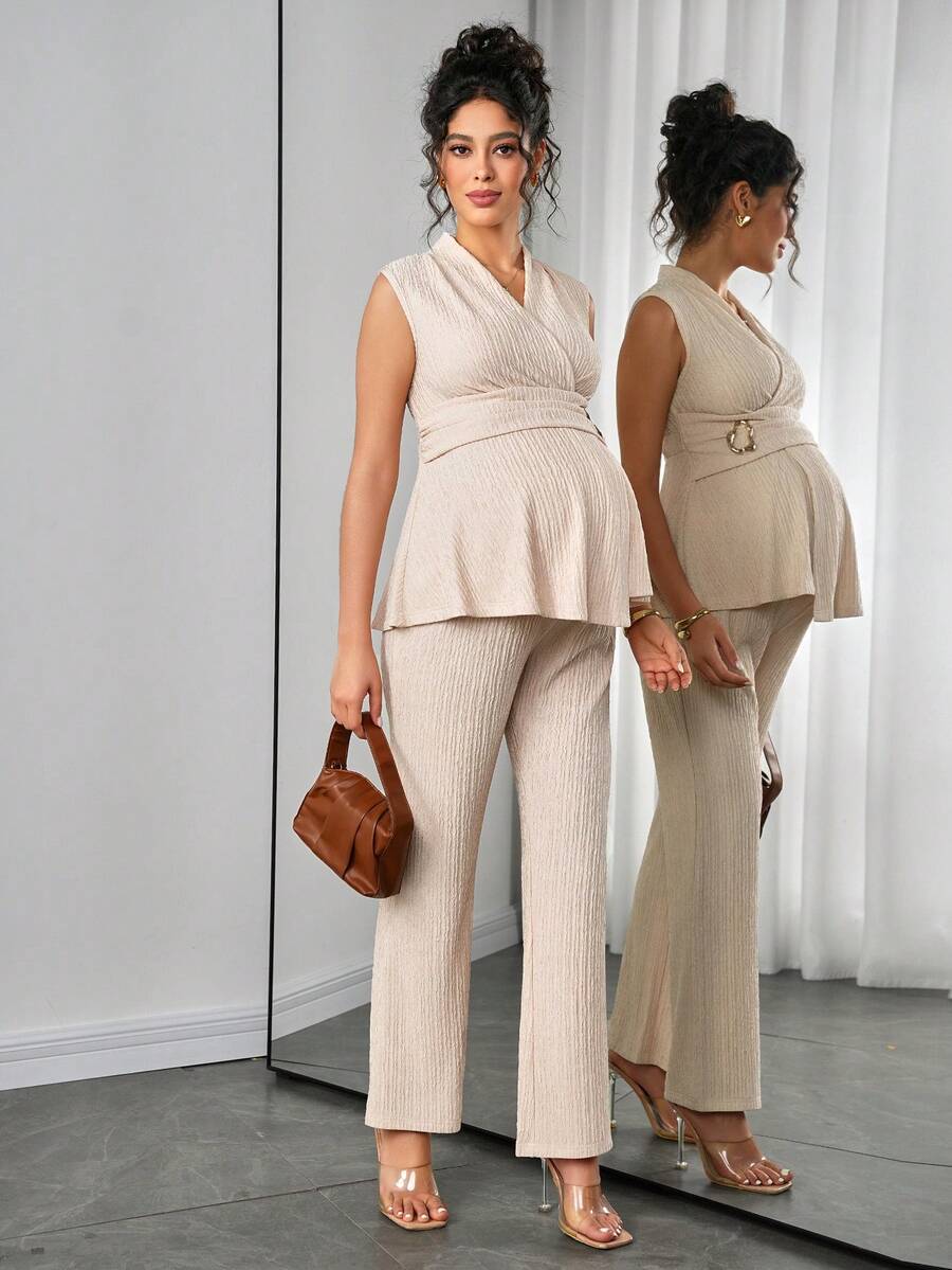 Maternity 2-Piece Set - V Neck Top & Straight Leg Pants, Knit Jacquard, Slim Fit, Black