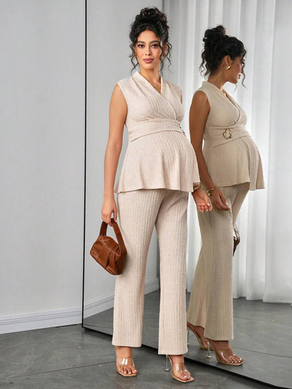 Maternity 2-Piece Set - V Neck Top & Straight Leg Pants, Knit Jacquard, Slim Fit, Black