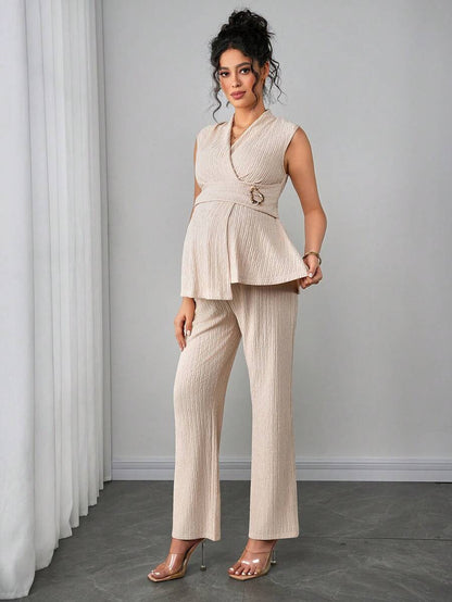 Maternity 2-Piece Set - V Neck Top & Straight Leg Pants, Knit Jacquard, Slim Fit, Black