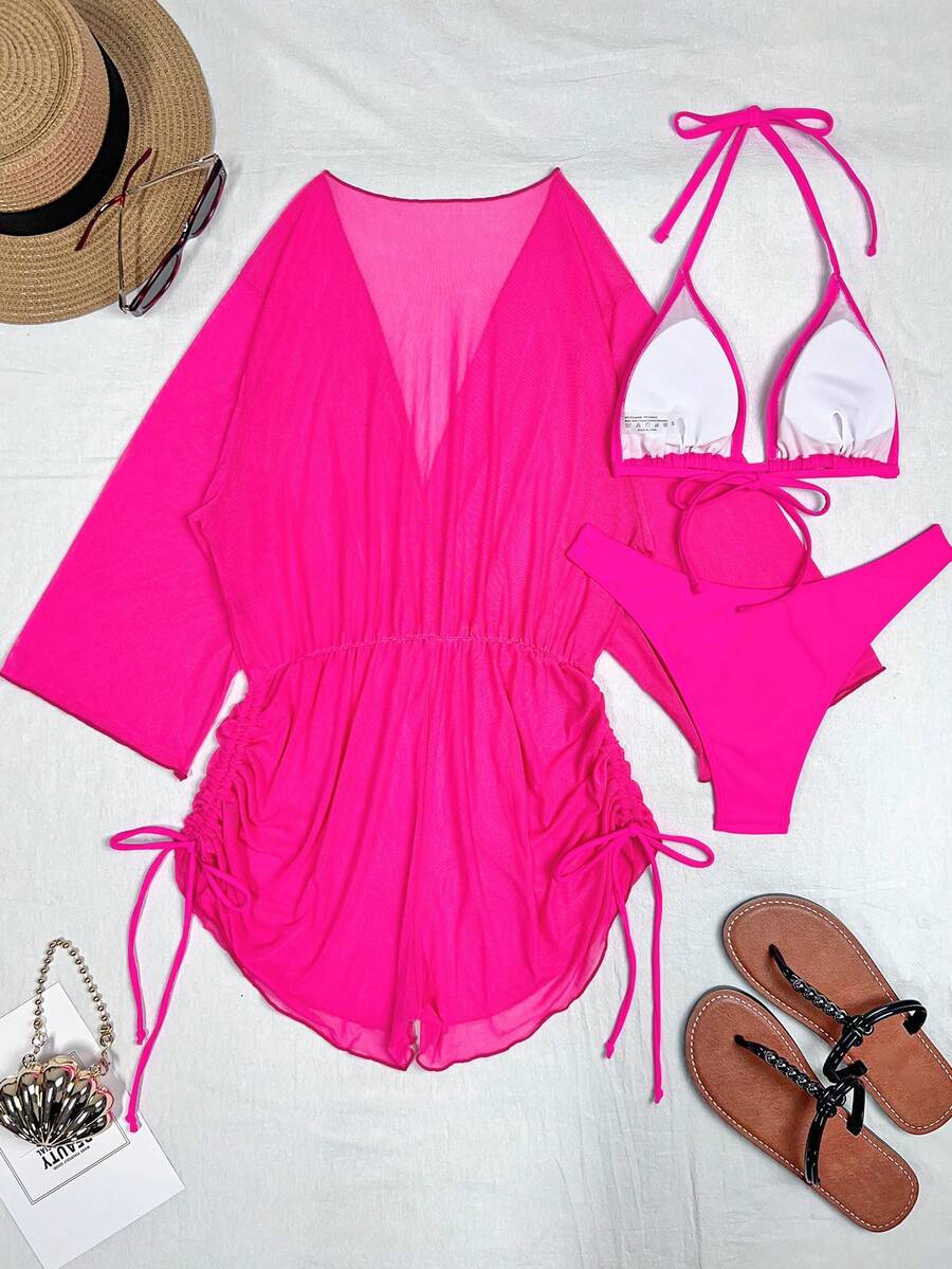 Swim Vcay Swim Suits For Women Summer Beach Sheer Mesh Bikini Set Halter Triangle Bra & Thong Bottom & Cover Up Dress 3 Piece Bathing Suit