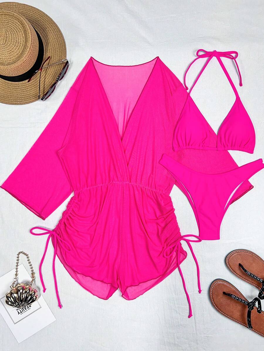Swim Vcay Swim Suits For Women Summer Beach Sheer Mesh Bikini Set Halter Triangle Bra & Thong Bottom & Cover Up Dress 3 Piece Bathing Suit