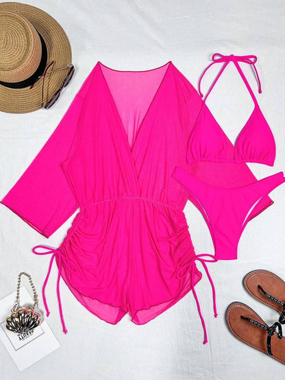 Swim Vcay Swim Suits For Women Summer Beach Sheer Mesh Bikini Set Halter Triangle Bra & Thong Bottom & Cover Up Dress 3 Piece Bathing Suit