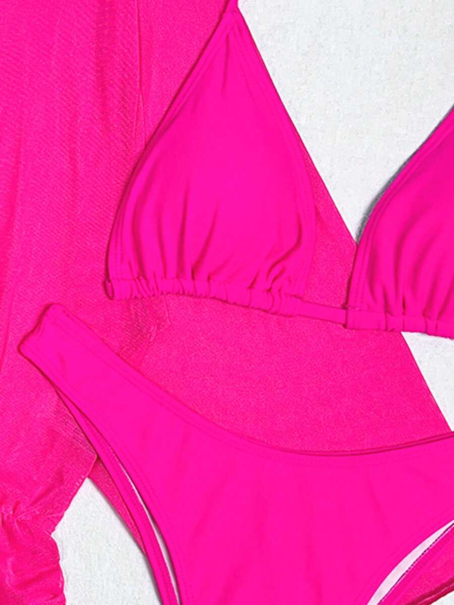 Swim Vcay Swim Suits For Women Summer Beach Sheer Mesh Bikini Set Halter Triangle Bra & Thong Bottom & Cover Up Dress 3 Piece Bathing Suit