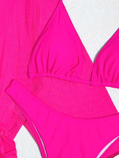 Swim Lushoire Women's Summer New Solid Color 3 Pieces Set Halter Bikini Low-Waist Triangle Panty Mesh Romper