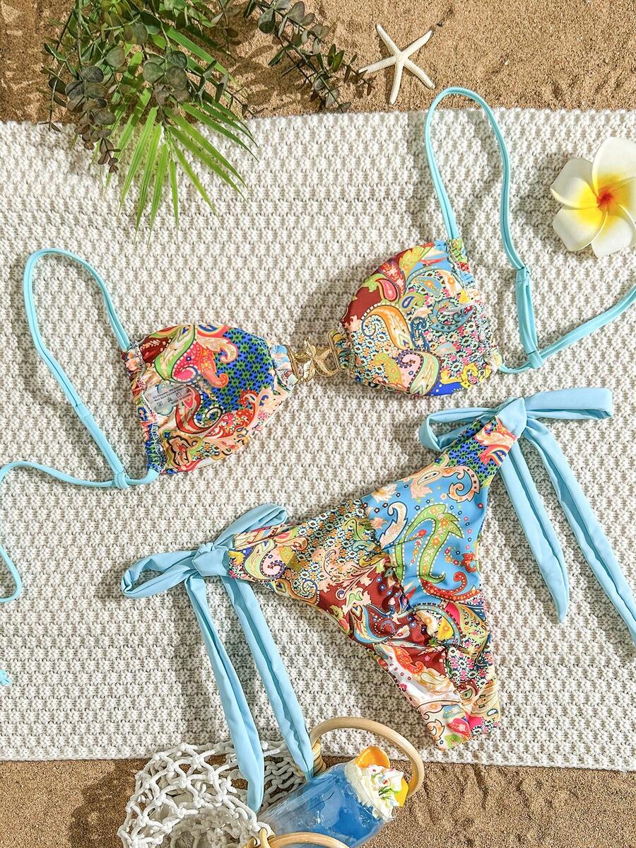 Swim Vcay Women Paisley Retro Print Metal Star Decor Ruched High Cut Wrap Bikini Set, For Beach Resort For Summer Beach Vacation