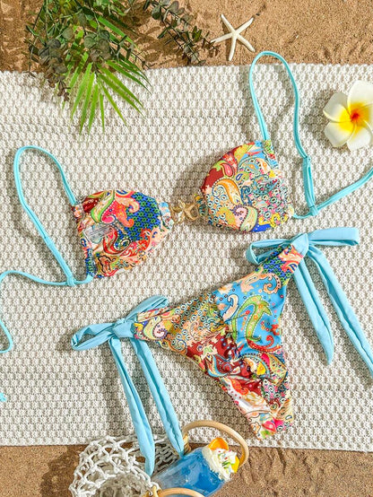 Swim Vcay Women Paisley Retro Print Metal Star Decor Ruched High Cut Wrap Bikini Set, For Beach Resort For Summer Beach Vacation