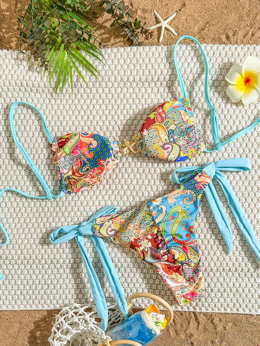 Swim Vcay Women Paisley Retro Print Metal Star Decor Ruched High Cut Wrap Bikini Set, For Beach Resort For Summer Beach Vacation