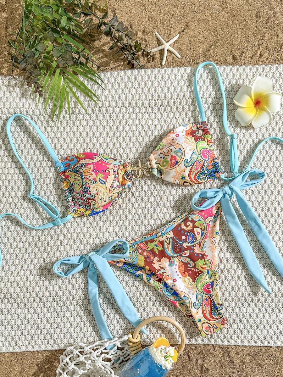 Swim Vcay Women Paisley Retro Print Metal Star Decor Ruched High Cut Wrap Bikini Set, For Beach Resort For Summer Beach Vacation