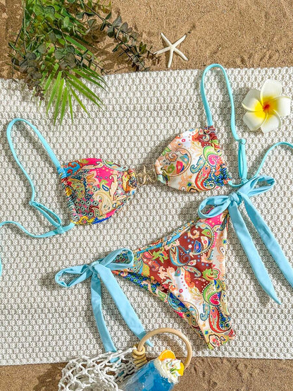 Swim Vcay Women Paisley Retro Print Metal Star Decor Ruched High Cut Wrap Bikini Set, For Beach Resort For Summer Beach Vacation