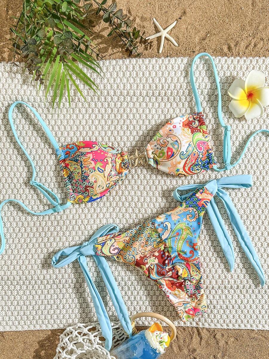Swim Vcay Women Paisley Retro Print Metal Star Decor Ruched High Cut Wrap Bikini Set, For Beach Resort For Summer Beach Vacation