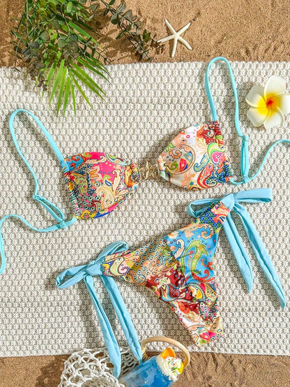 Swim Vcay Women Paisley Retro Print Metal Star Decor Ruched High Cut Wrap Bikini Set, For Beach Resort For Summer Beach Vacation