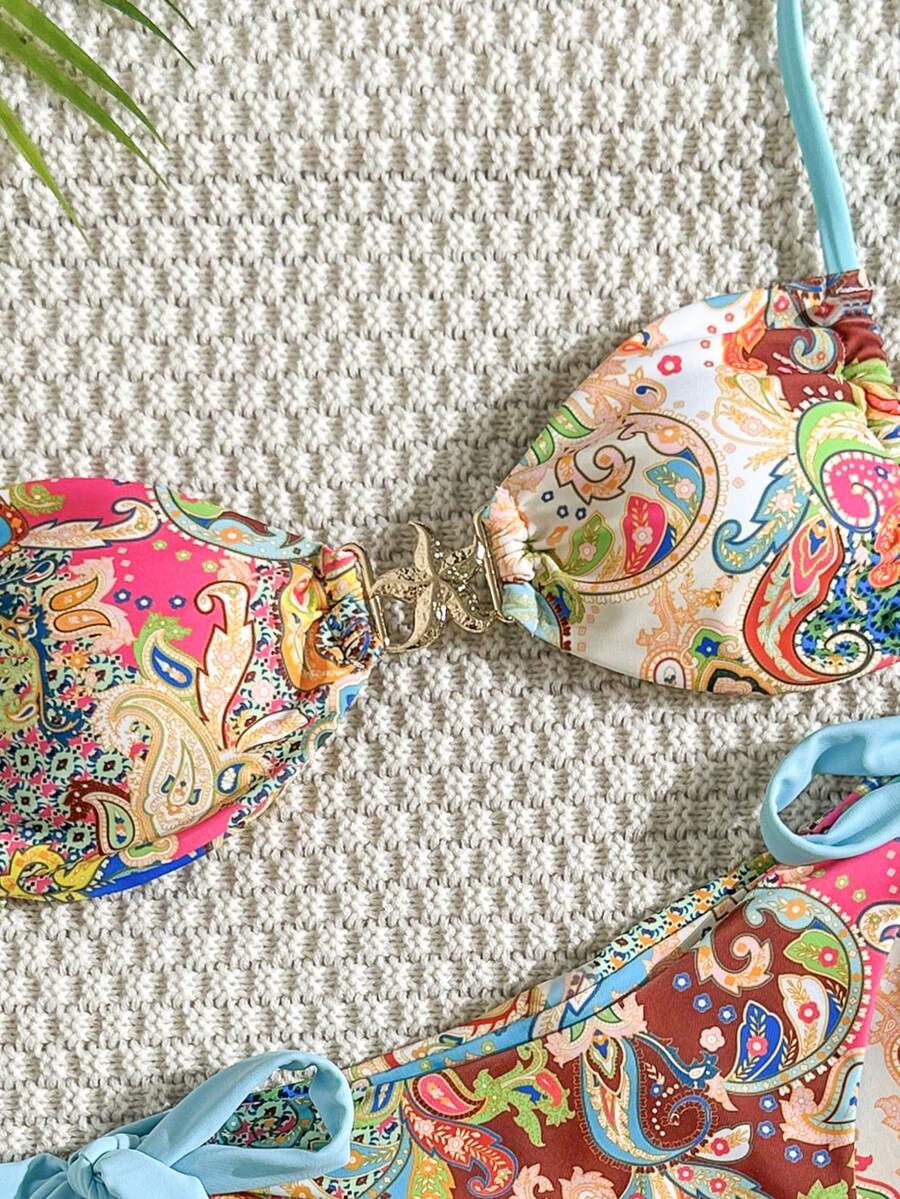 Swim Vcay Women Paisley Retro Print Metal Star Decor Ruched High Cut Wrap Bikini Set, For Beach Resort For Summer Beach Vacation