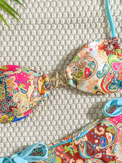 Swim Vcay Women Paisley Retro Print Metal Star Decor Ruched High Cut Wrap Bikini Set, For Beach Resort For Summer Beach Vacation