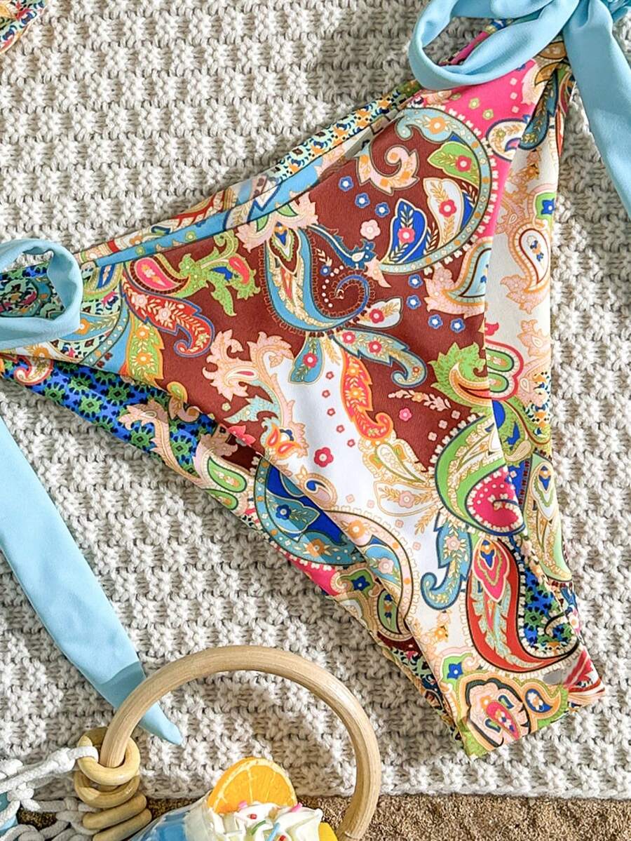 Swim Vcay Women Paisley Retro Print Metal Star Decor Ruched High Cut Wrap Bikini Set, For Beach Resort For Summer Beach Vacation