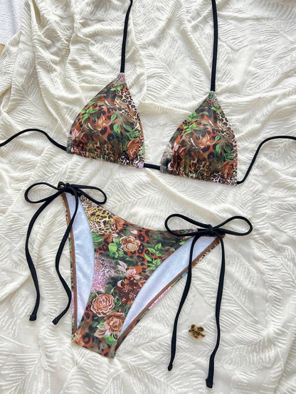 Women's 2-Piece Patchwork Bikini Set - Deep V Halter Tie, Triangle Cup, Multicolor