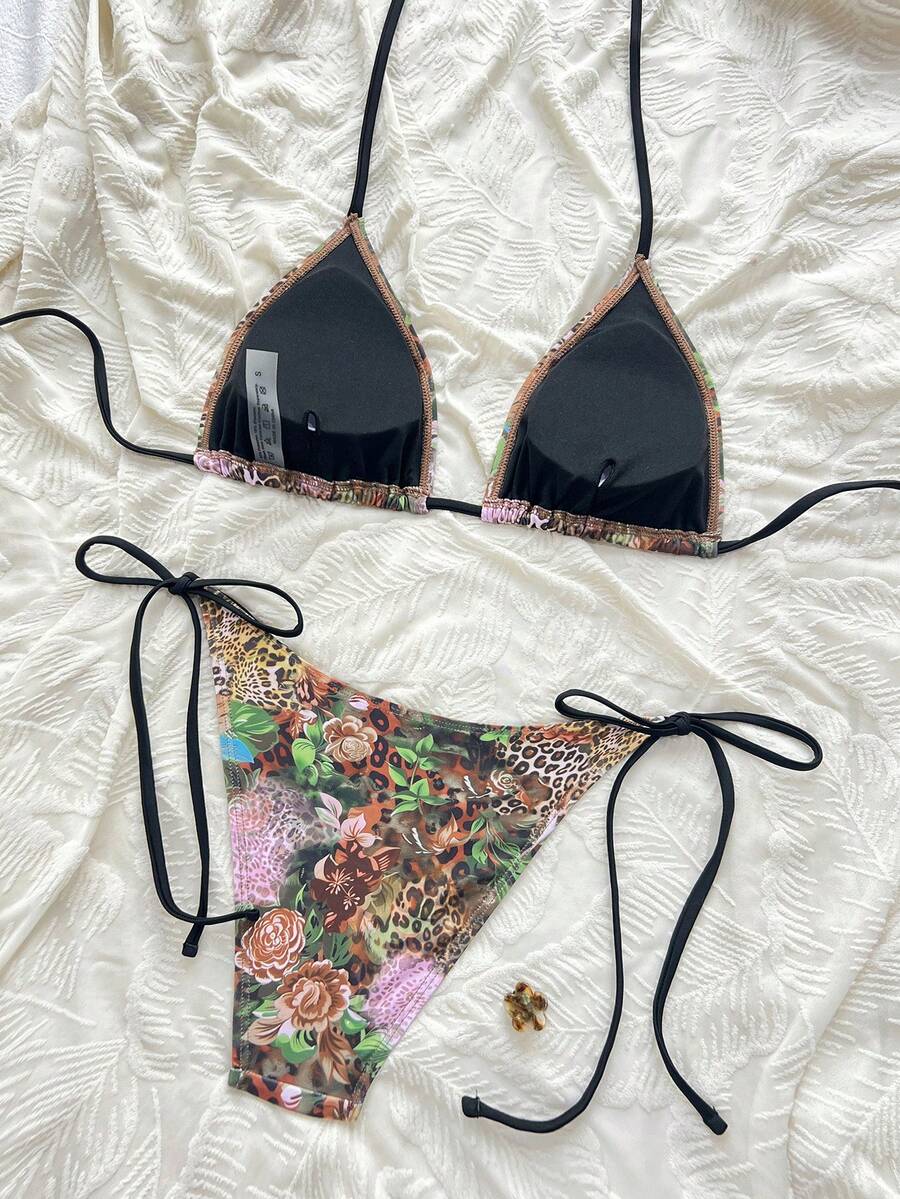 Women's 2-Piece Patchwork Bikini Set - Deep V Halter Tie, Triangle Cup, Multicolor