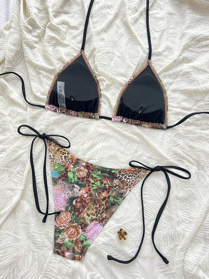 Women's 2-Piece Patchwork Bikini Set - Deep V Halter Tie, Triangle Cup, Multicolor