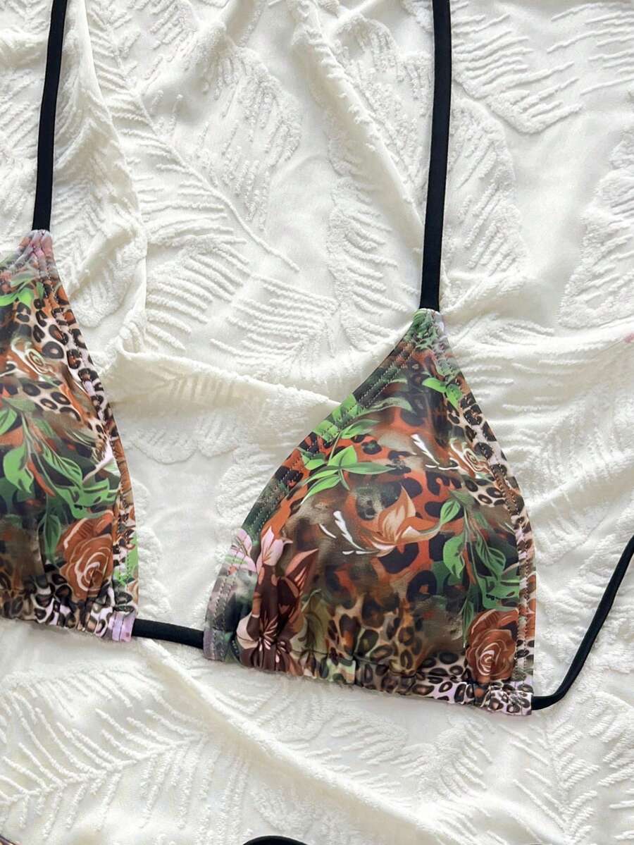 Women's 2-Piece Patchwork Bikini Set - Deep V Halter Tie, Triangle Cup, Multicolor