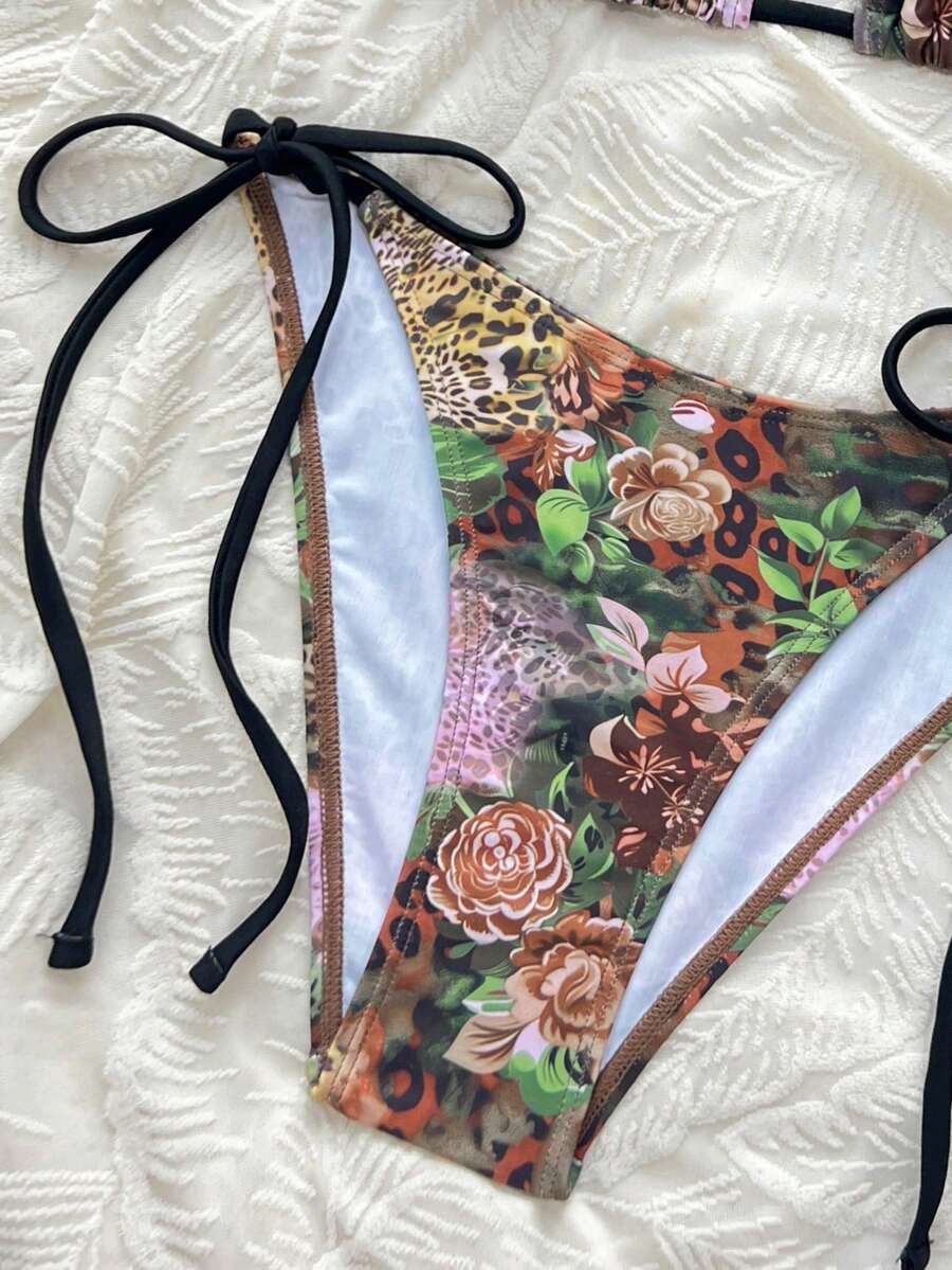 Women's 2-Piece Patchwork Bikini Set - Deep V Halter Tie, Triangle Cup, Multicolor
