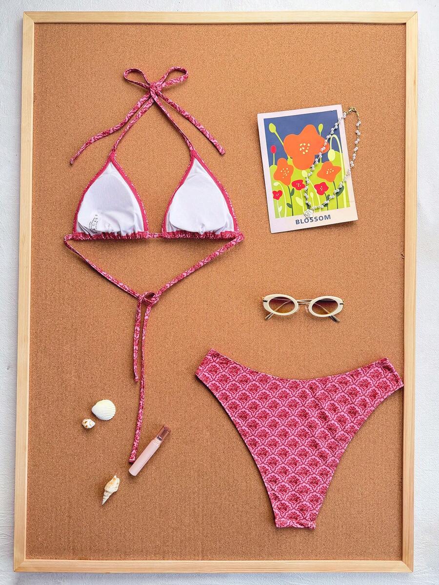 Swim Vcay 2026 Spring/Summer Women's Spaghetti Strap Halter Neck Black Base White Polka Dot Random Print Sweet Cute Side High Cut Bikini Swimwear 2-Piece Set Vacation Bikini Set Pink Bikini Set High Leg Bikini Set Modest Bikini Set Bikini Set