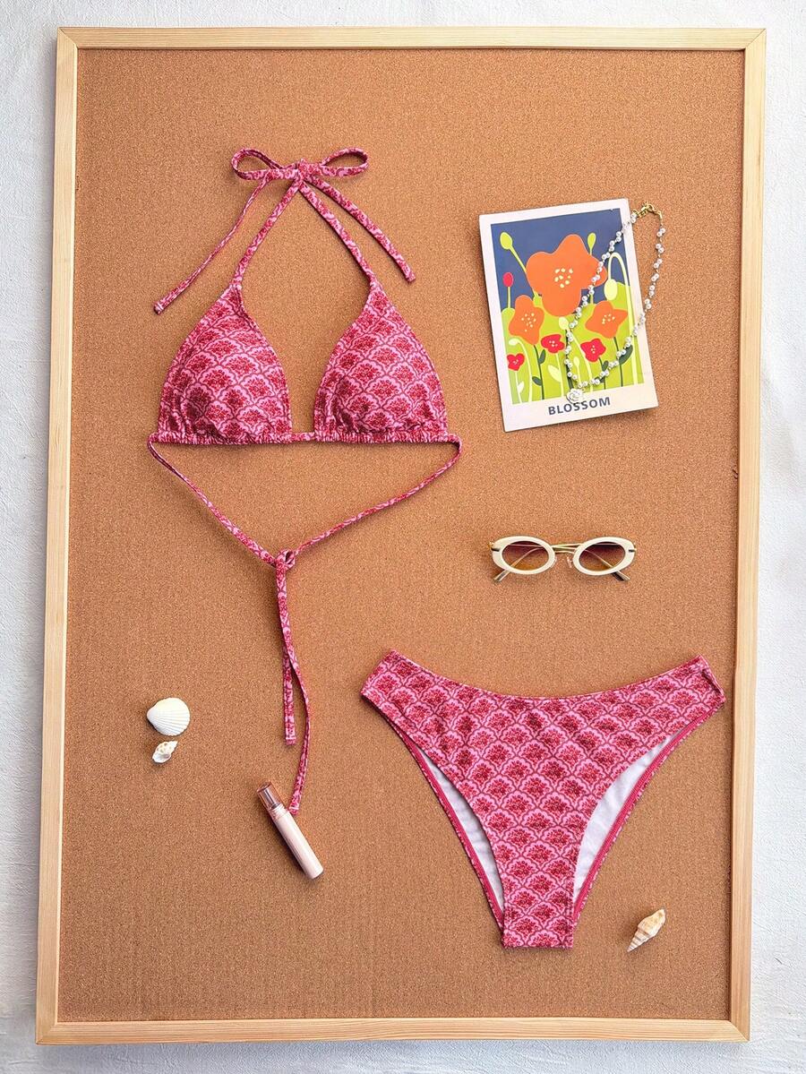 Swim Vcay 2026 Spring/Summer Women's Spaghetti Strap Halter Neck Black Base White Polka Dot Random Print Sweet Cute Side High Cut Bikini Swimwear 2-Piece Set Vacation Bikini Set Pink Bikini Set High Leg Bikini Set Modest Bikini Set Bikini Set