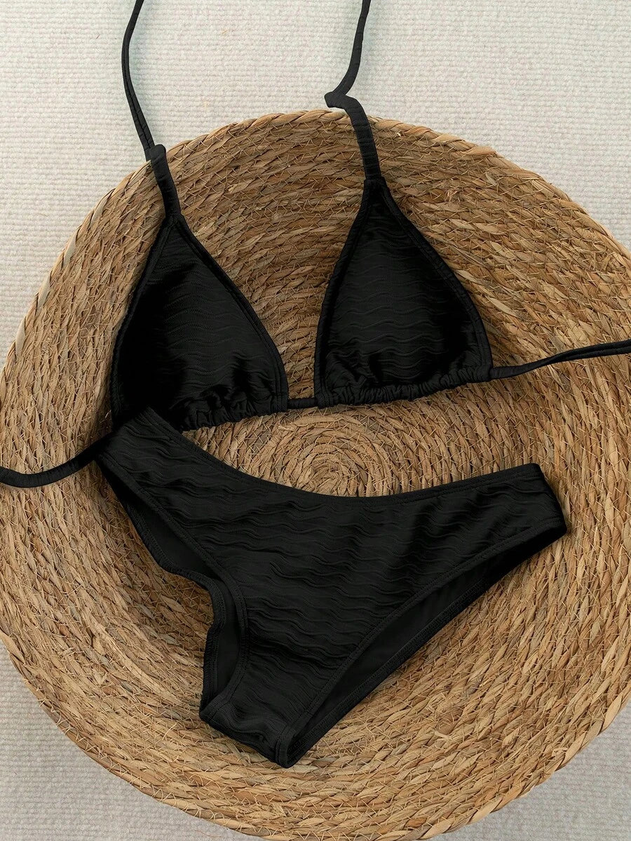 Swim Vcay 2026 Spring/Summer Women's Spaghetti Strap Halter Neck Black Base White Polka Dot Random Print Sweet Cute Side High Cut Bikini Swimwear 2-Piece Set Vacation Bikini Set Pink Bikini Set High Leg Bikini Set Modest Bikini Set Bikini Set