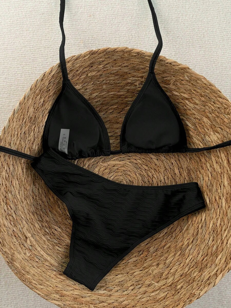Swim Vcay 2026 Spring/Summer Women's Spaghetti Strap Halter Neck Black Base White Polka Dot Random Print Sweet Cute Side High Cut Bikini Swimwear 2-Piece Set Vacation Bikini Set Pink Bikini Set High Leg Bikini Set Modest Bikini Set Bikini Set