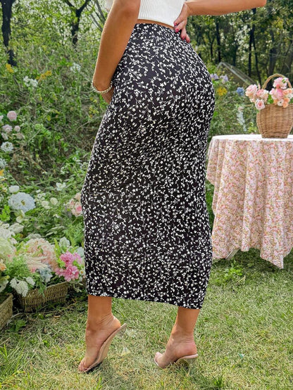 Floral Print Maternity Pencil Skirt - Black Boho Mid Waist Long Fitted Skirt with Slight Stretch for Daily Summer Style