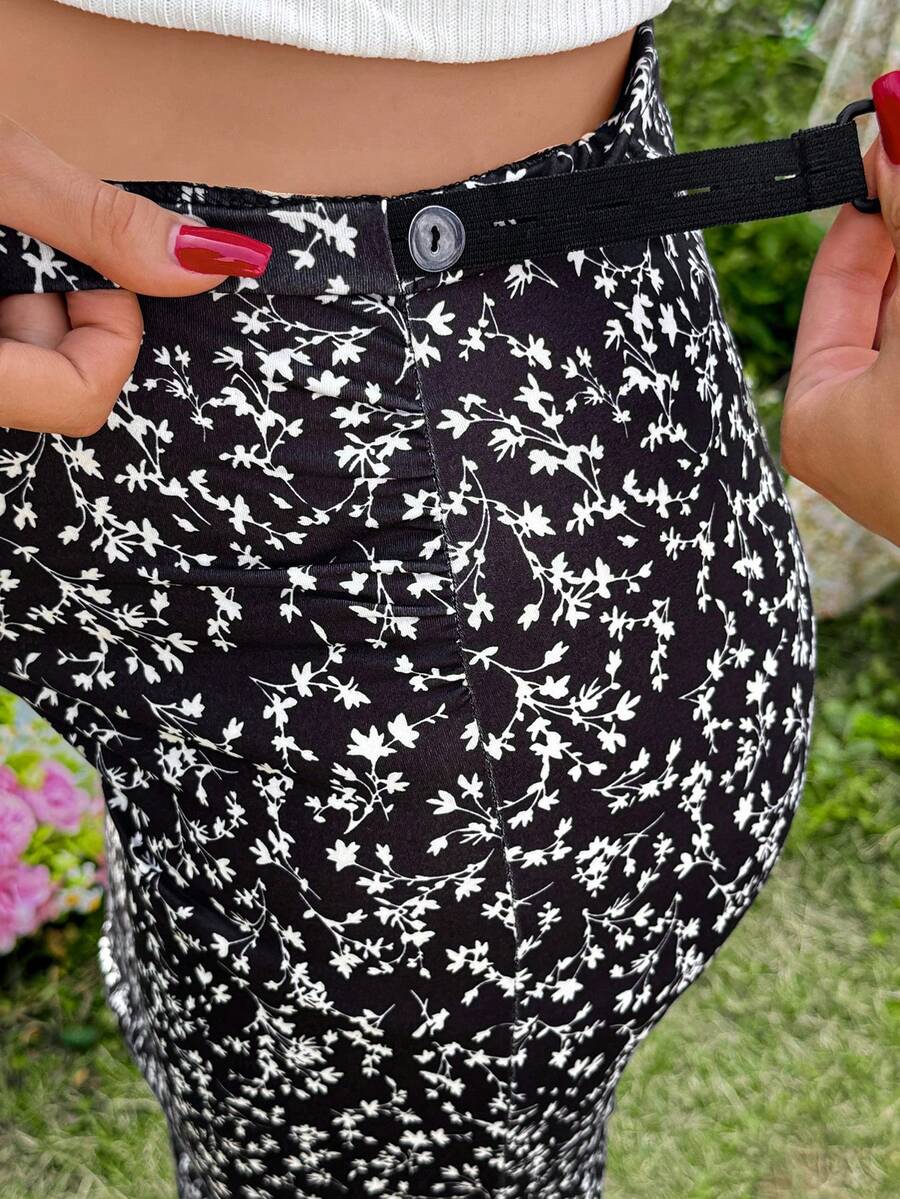 Floral Print Maternity Pencil Skirt - Black Boho Mid Waist Long Fitted Skirt with Slight Stretch for Daily Summer Style