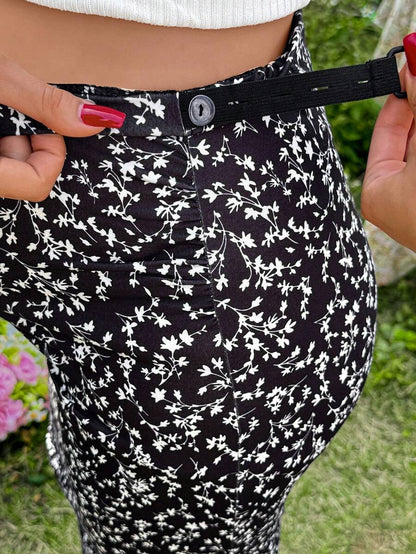 Floral Print Maternity Pencil Skirt - Black Boho Mid Waist Long Fitted Skirt with Slight Stretch for Daily Summer Style