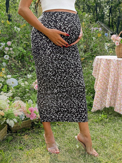 Floral Print Maternity Pencil Skirt - Black Boho Mid Waist Long Fitted Skirt with Slight Stretch for Daily Summer Style
