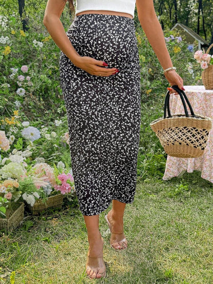 Floral Print Maternity Pencil Skirt - Black Boho Mid Waist Long Fitted Skirt with Slight Stretch for Daily Summer Style
