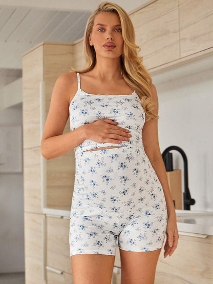 2 Piece Maternity Floral Print Camisole and Ruffle Shorts Set Blue and White Square Neck Summer Holiday Sleepwear Set