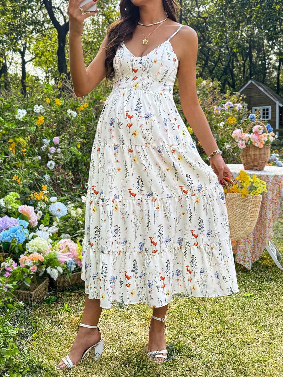 Maternity Floral Print Ruffle Hem Casual Camisole Dress