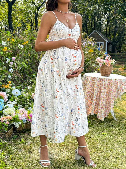 Maternity Floral Print Ruffle Hem Casual Camisole Dress