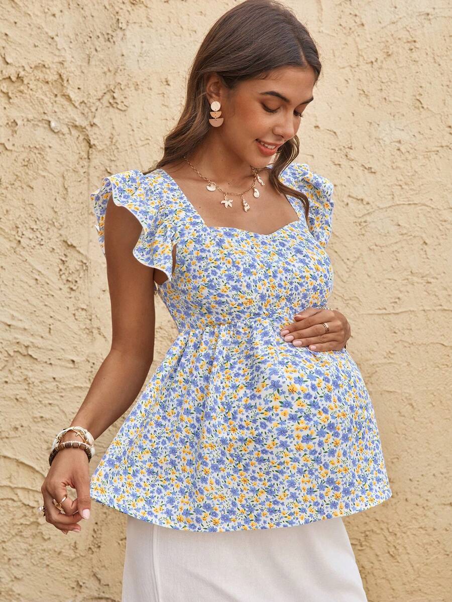 Maternity Yellow Ditsy Floral Peplum Top Sweetheart Neck Cap Sleeve Boho Ruched Flounce Shirt for Beach Vacation and Tea Party