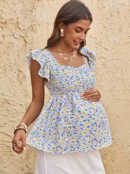 Maternity Yellow Ditsy Floral Peplum Top Sweetheart Neck Cap Sleeve Boho Ruched Flounce Shirt for Beach Vacation and Tea Party