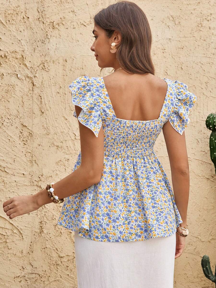 Maternity Yellow Ditsy Floral Peplum Top Sweetheart Neck Cap Sleeve Boho Ruched Flounce Shirt for Beach Vacation and Tea Party