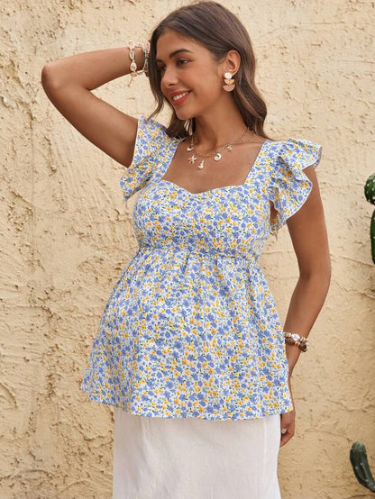 Maternity Yellow Ditsy Floral Peplum Top Sweetheart Neck Cap Sleeve Boho Ruched Flounce Shirt for Beach Vacation and Tea Party