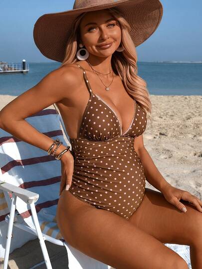 Maternity Halter Swim Set - Solid Triangle Stretch Summer Beach Pool Resort Swimwear