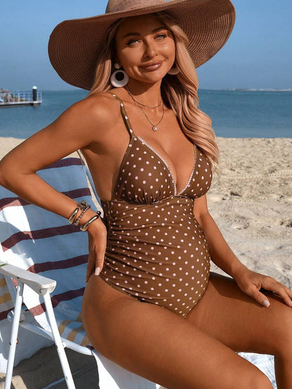 Maternity Halter Swim Set - Solid Triangle Stretch Summer Beach Pool Resort Swimwear