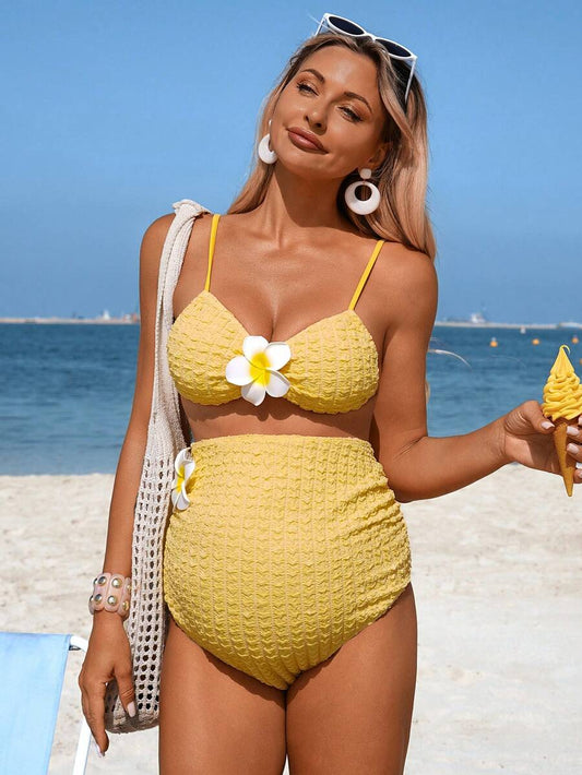 Maternity Bikini 2 Piece Set - Hibiscus Print Textured Fabric Summer Beach, Yellow