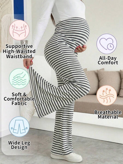 Maternity Wide Leg Pants - High Waist Striped Belly Support, Brown