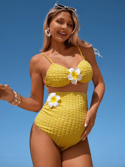 Maternity Bikini 2 Piece Set - Hibiscus Print Textured Fabric Summer Beach, Yellow