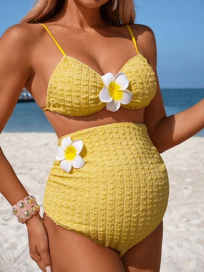Maternity Bikini 2 Piece Set - Hibiscus Print Textured Fabric Summer Beach, Yellow