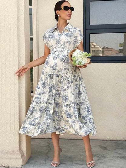 Maternity Allover Print Batwing Sleeve Belted Shirt Dress - Elegant Monochrome Tiered Hem Gown for Work, Vacation, and Summer Events
