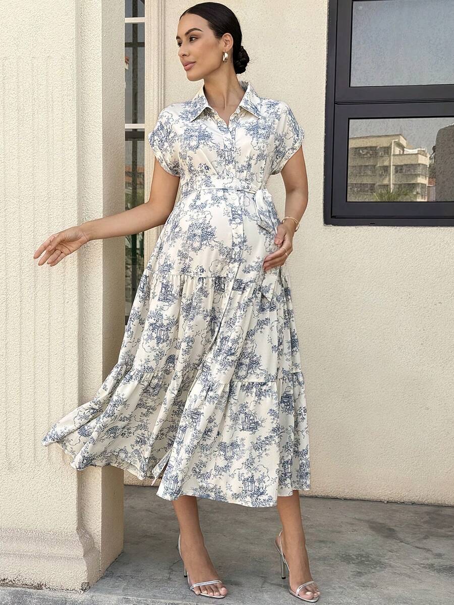 Maternity Allover Print Batwing Sleeve Belted Shirt Dress - Elegant Monochrome Tiered Hem Gown for Work, Vacation, and Summer Events