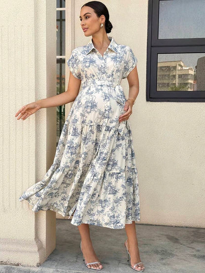 Maternity Allover Print Batwing Sleeve Belted Shirt Dress - Elegant Monochrome Tiered Hem Gown for Work, Vacation, and Summer Events