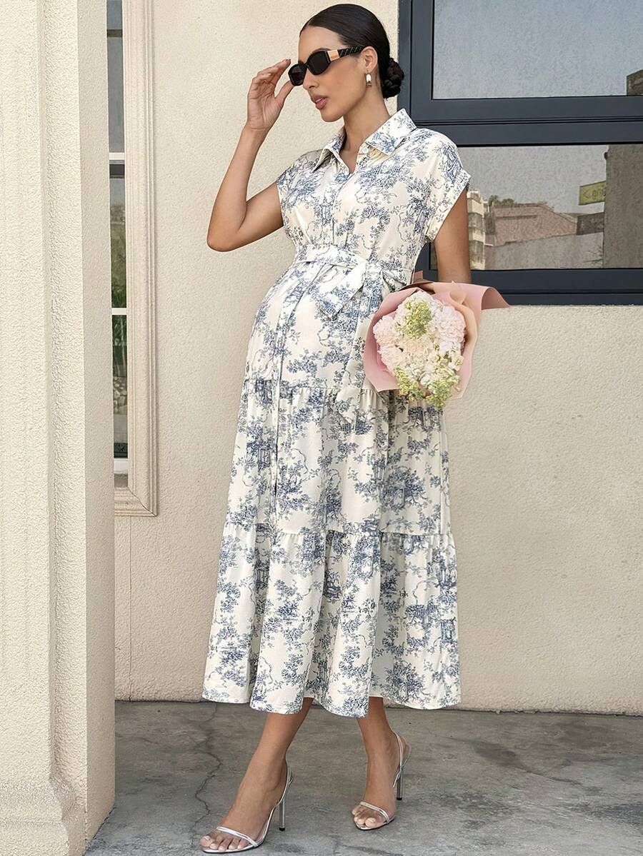 Maternity Allover Print Batwing Sleeve Belted Shirt Dress - Elegant Monochrome Tiered Hem Gown for Work, Vacation, and Summer Events
